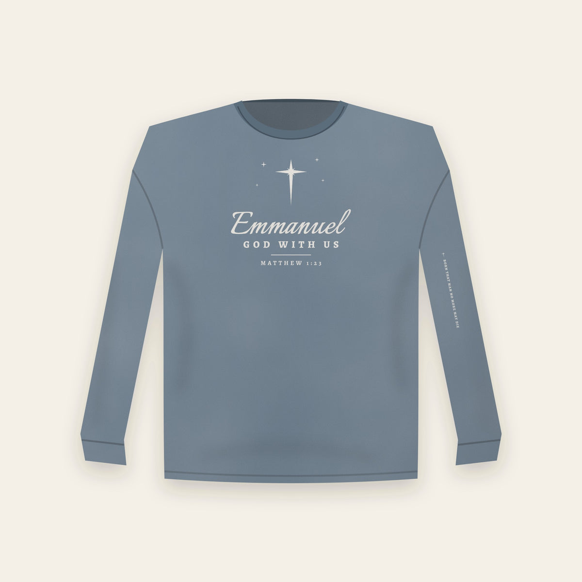 Emmanuel God With Us Christmas long sleeve in Blue Jean — front print