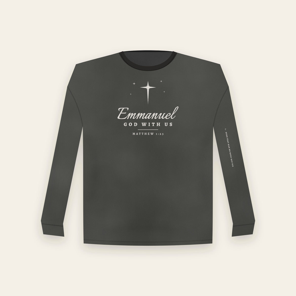 Emmanuel God With Us Christmas long sleeve in Black — front print of the Star of Bethlehem drawn as a cross with Matthew 1:23