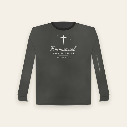 Emmanuel God With Us Christmas long sleeve in Black — front print of the Star of Bethlehem drawn as a cross with Matthew 1:23