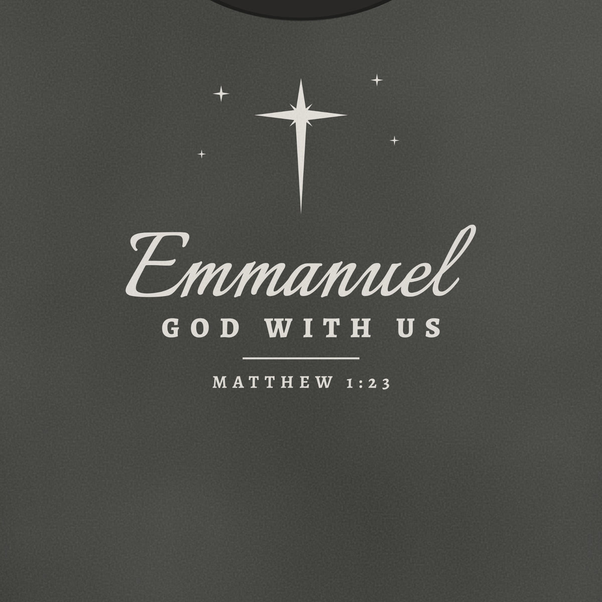 Close-up of the Emmanuel front print — the star of Bethlehem whose long lower ray forms a cross, with Emmanuel in script and GOD WITH US beneath