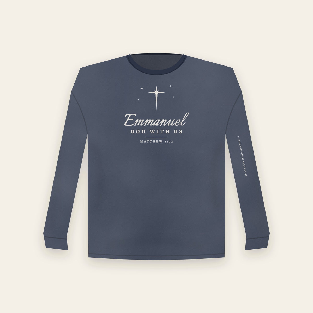 Emmanuel God With Us Christmas long sleeve in Navy — front print