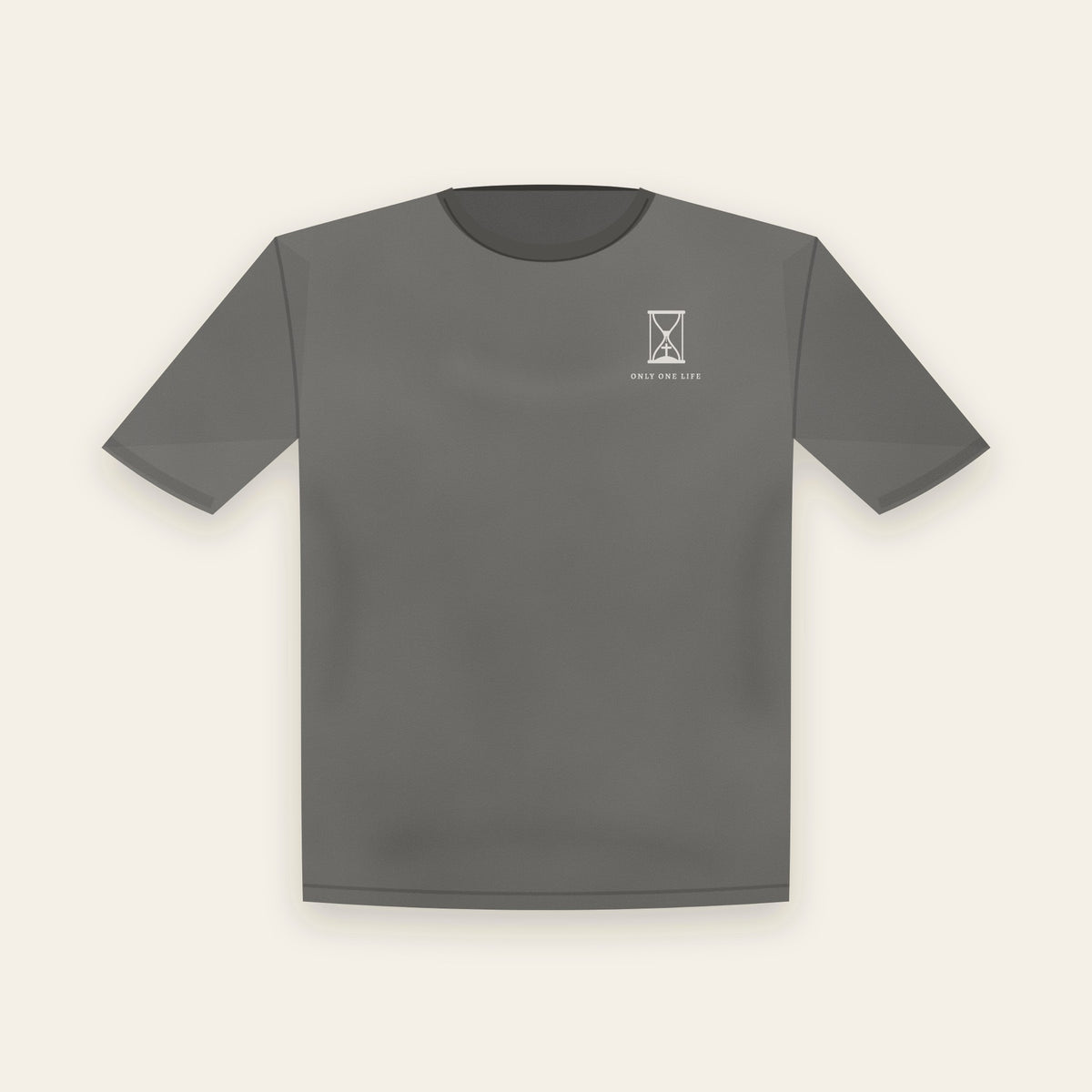 Only One Life tee in Pepper, front view with small hourglass and ONLY ONE LIFE on the left chest