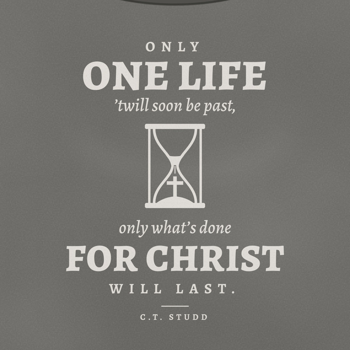 Close-up of the Only One Life back print: hourglass with the last sand falling and a cross standing in the lower bulb