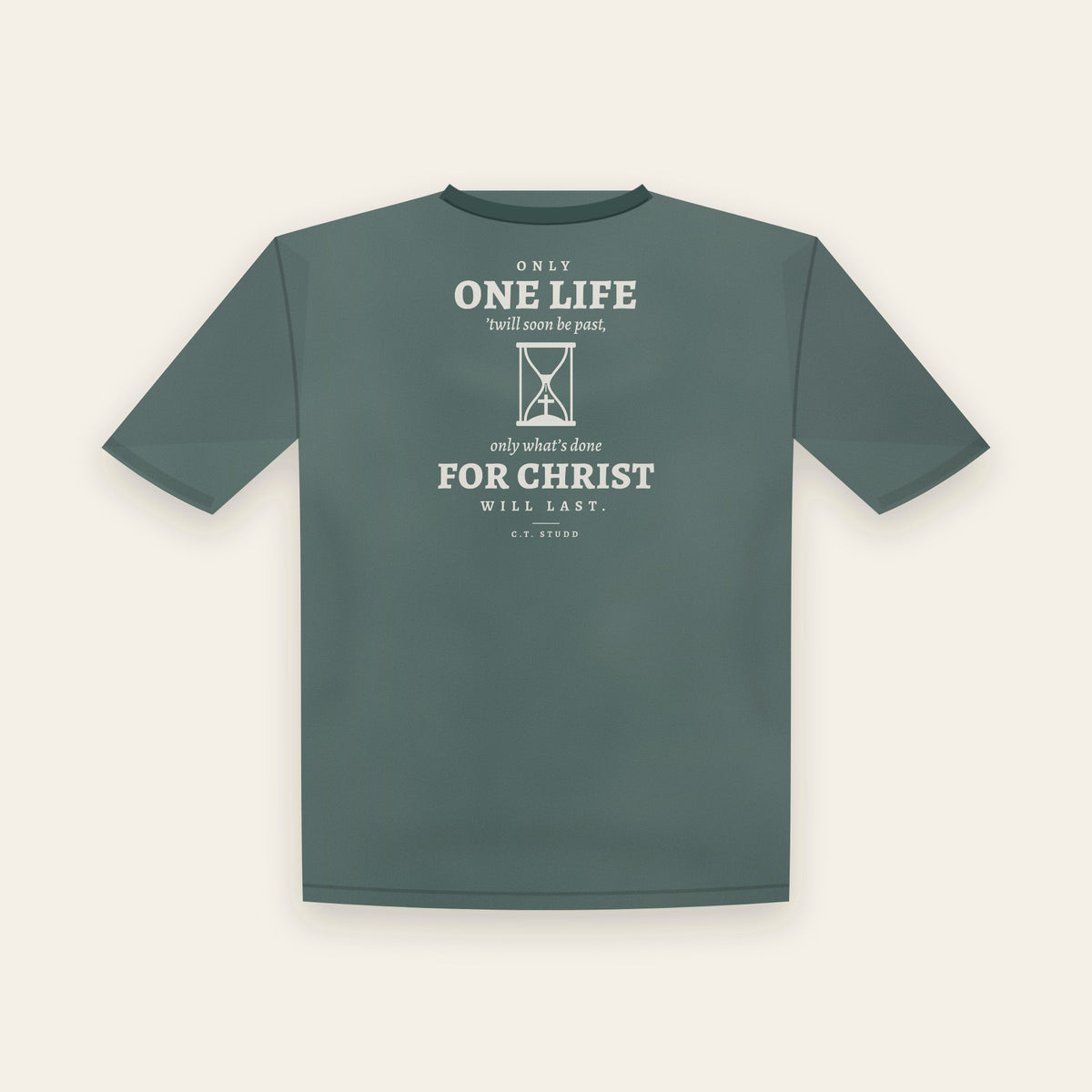 Only One Life tee in Blue Spruce, back view