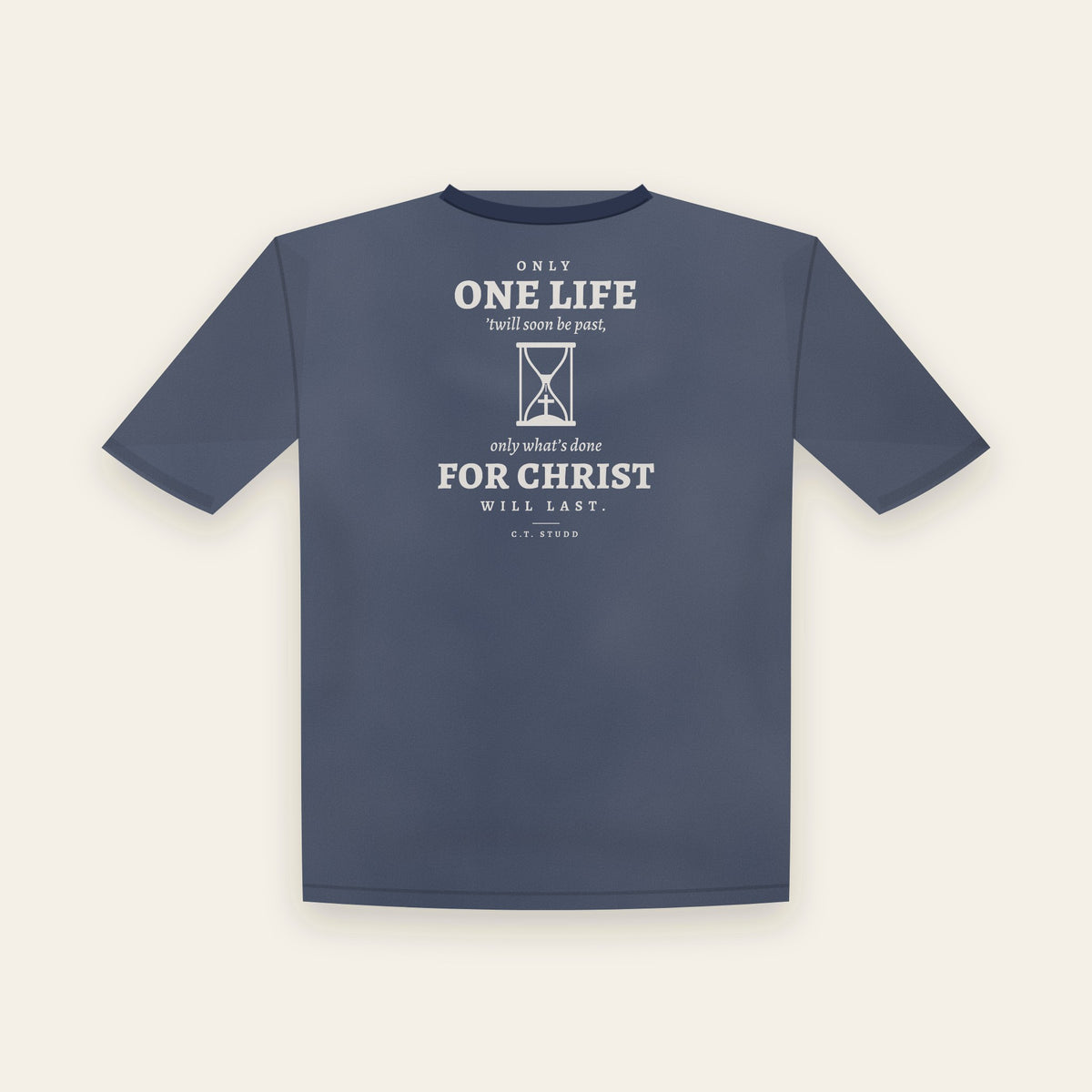 Only One Life tee in True Navy, back view